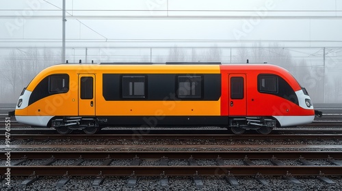 Colorful Train on Tracks in Foggy Environment