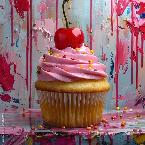 Vibrant and Playful Pop Art Cupcake with Cherry and Sprinkles photo