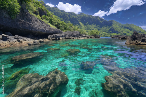 Crystal clear turquoise water and green lush island.