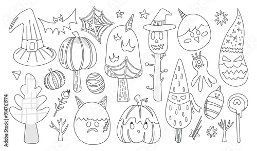 Set of isolated Halloween decoration elements in cute doodle hand-drawn graphic illustration style on transparent background, Volume 8: Black outline