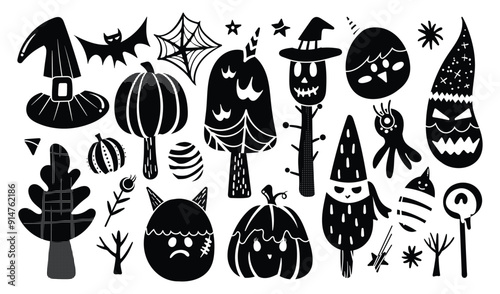 Set of isolated Halloween decoration elements in cute doodle hand-drawn graphic illustration style on transparent background, Volume 8: Black silhouette.