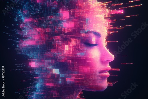 Young woman with pixelated face transition exploring identity in the digital age