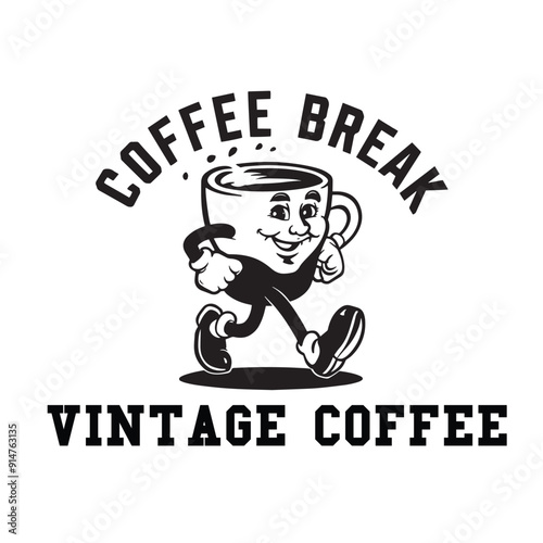 a logo illustration of acup of coffee walking or running vintage coffee logo design photo