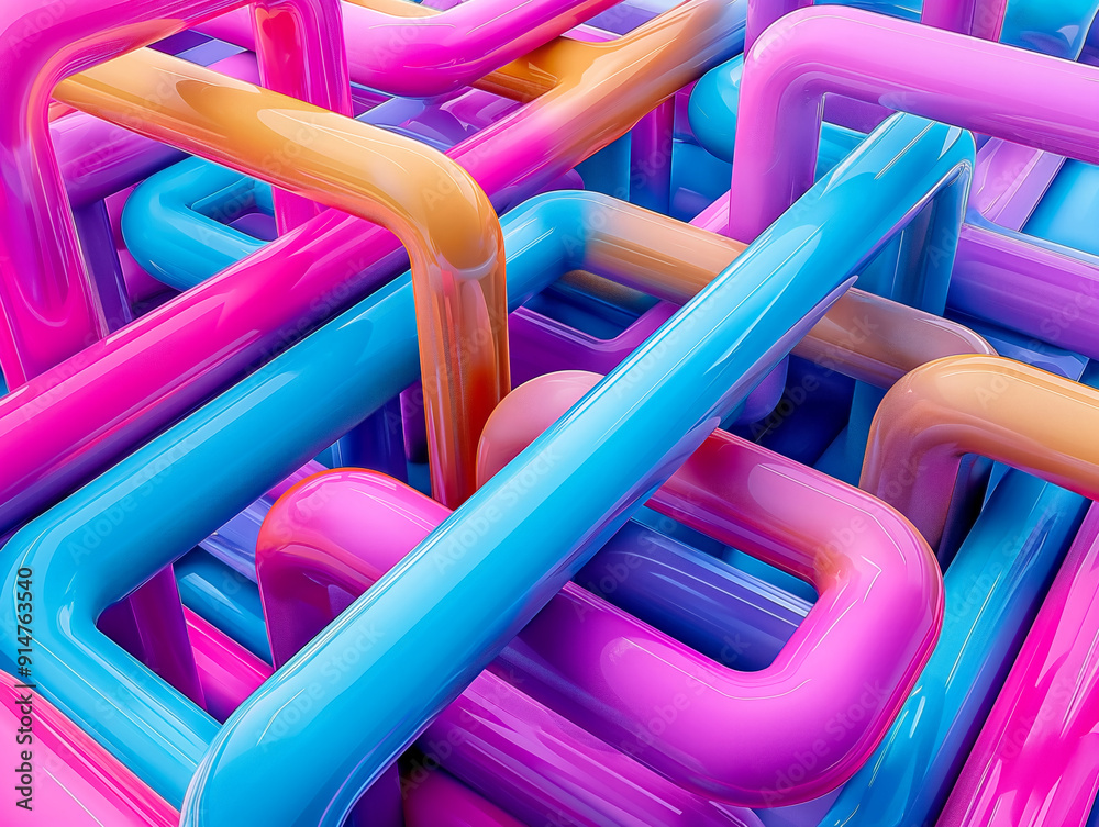 A colorful maze of pipes with a blue and pink section. The maze is made of different colors and is very intricate A colorful maze of pipes with a blue and pink section. The maze is made of different colors and is very intricate