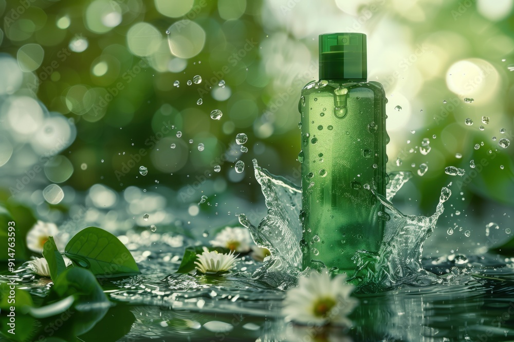 The bottle of cosmetics is surrounded by green foliage, and a white flower floats on the water. The bottle of cosmetics is surrounded by green foliage, and a white flower floats on the water.