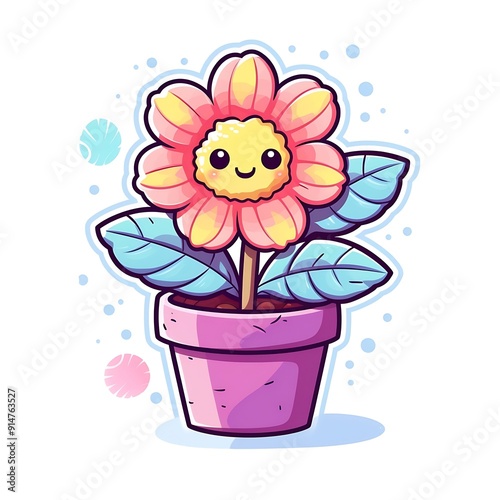 Cartoon Illustration of a Smiling Pink and Yellow Flower in a Pot
