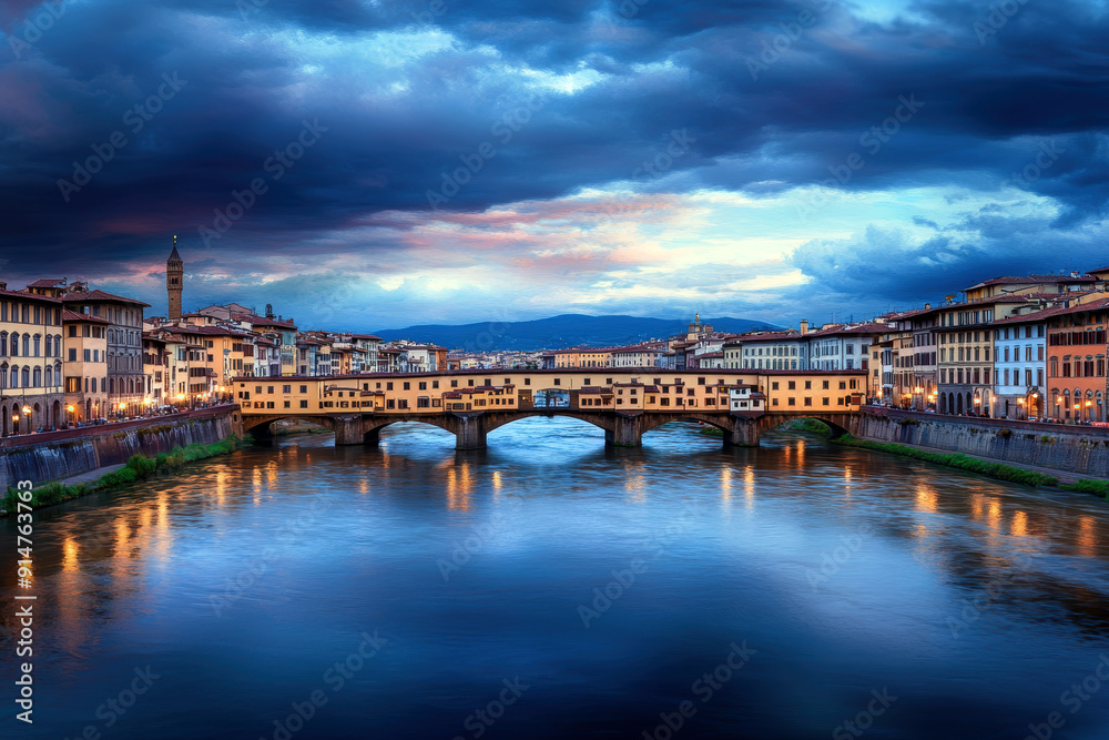 A bridge spans a river in a city with a cloudy sky. The bridge is lit up at night, creating a serene and peaceful atmosphere A bridge spans a river in a city with a cloudy sky. The bridge is lit up at night, creating a serene and peaceful atmosphere