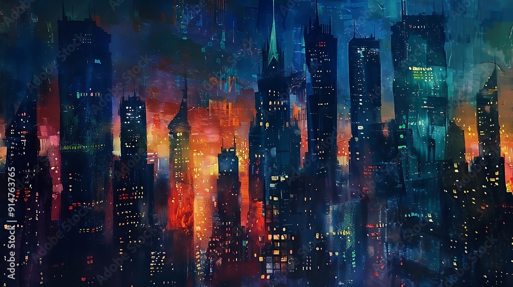 Obraz premium Nighttime Cityscape with Glowing Windows