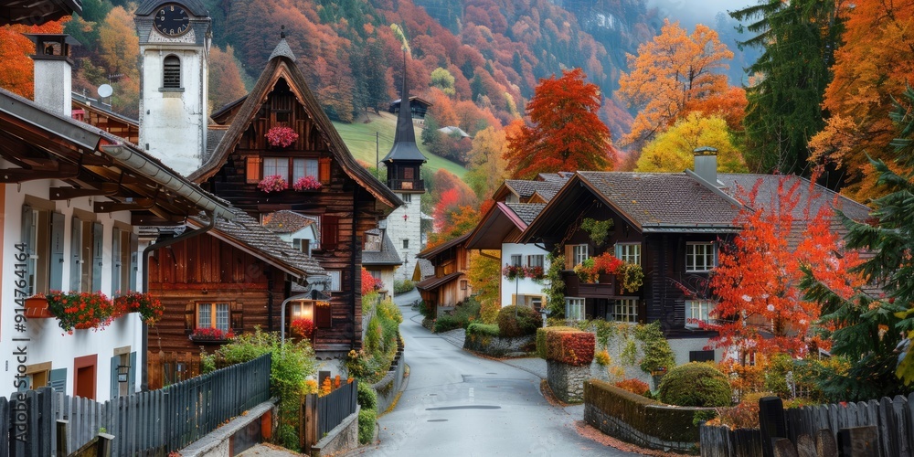 Fototapeta premium Capture a picturesque Swiss village nestled in a valley, surrounded by vibrant autumn foliage.