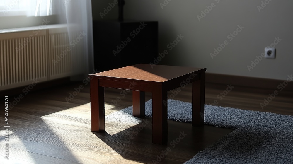 Minimalist Room with Wooden Table in Soft Light Minimalist Room with Wooden Table in Soft Light