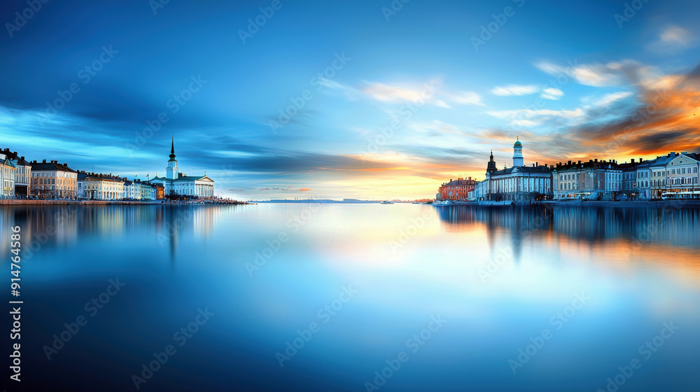A beautiful blue lake with a city skyline in the background. The sky is a mix of blue and orange, creating a serene and peaceful atmosphere A beautiful blue lake with a city skyline in the background. The sky is a mix of blue and orange, creating a serene and peaceful atmosphere