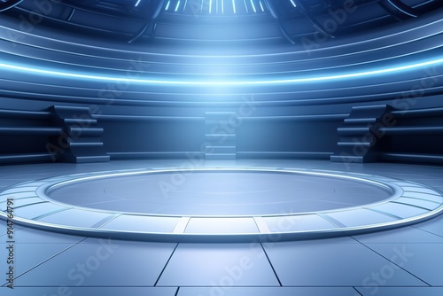 Futuristic blue circular platform with glowing light.