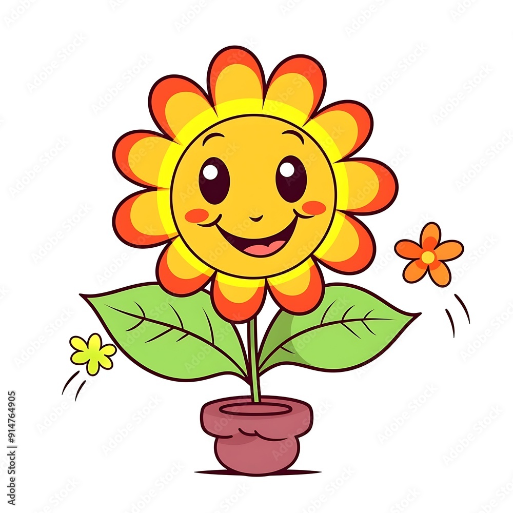 Happy Cartoon Flower in Pot With Big Smile and Petals Happy Cartoon Flower in Pot With Big Smile and Petals
