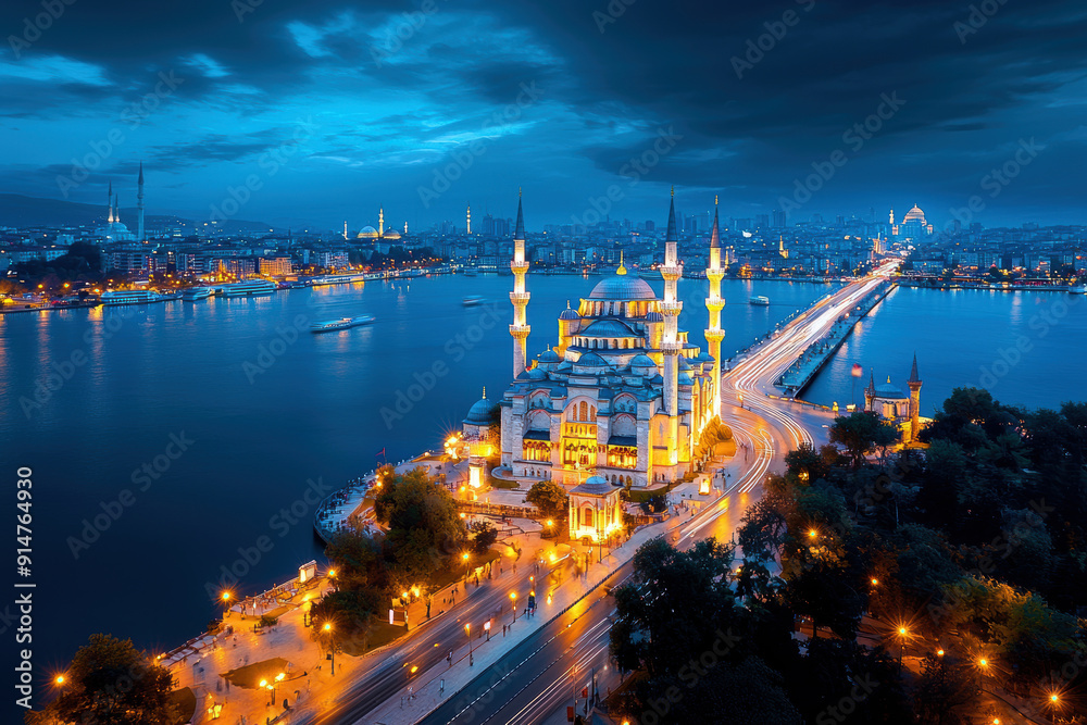Fototapeta premium A city with a large building and a bridge in the background. The sky is dark and cloudy