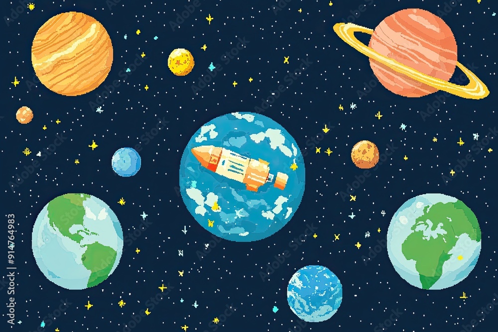 Vibrant illustration of planets and a spaceship in outer space, showcasing a colorful and imaginative cosmic environment. Vibrant illustration of planets and a spaceship in outer space, showcasing a colorful and imaginative cosmic environment.