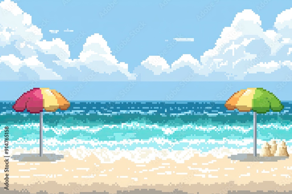 A serene beach scene featuring colorful umbrellas against a backdrop of waves and clouds, perfect for relaxation and summer vibes. A serene beach scene featuring colorful umbrellas against a backdrop of waves and clouds, perfect for relaxation and summer vibes.