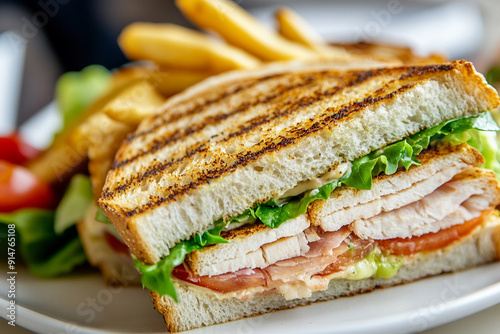 close up sandwich on the dish with plain backgrounds