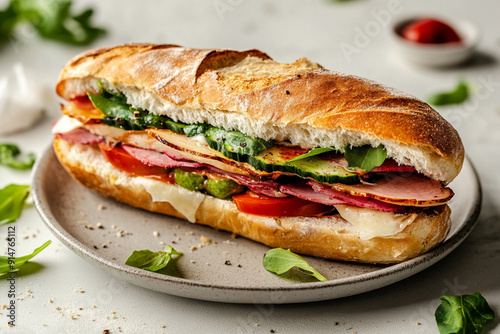 close up sandwich on the dish with plain backgrounds