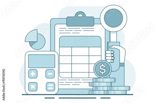 concept of calculating business profits, analyzing business data, calculating budgets, profits and losses, generating report graphs from data, calculator with spreadsheet creation reports. vector.