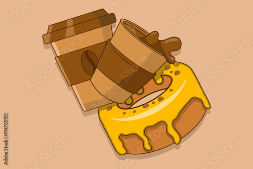Sweet food and drink concept. Disposable Donuts And Coffee Cups. Coffee Cup and Donut Icon. Coffee or tea to take home or deliver food concept. Vector illustration isolated on background.