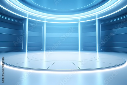 Futuristic blue circular platform with glowing neon lights.
