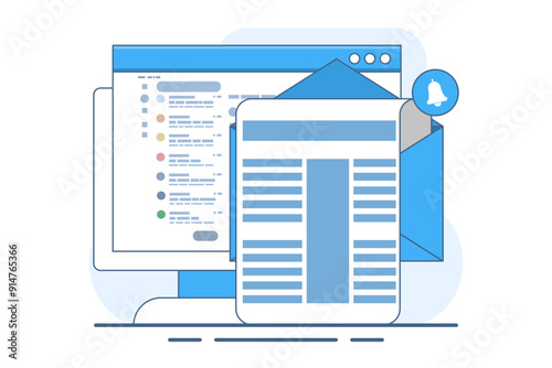 Concept of Email inbox or new email notification. email notification on laptop, email message on device screen. Message reminder concept. Newsletter on computer. Vector illustration in flat style.