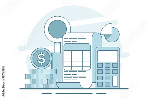 concept of calculating business profits, analyzing business data, calculating budgets, profits and losses, generating report graphs from data, calculator with spreadsheet creation reports. vector.