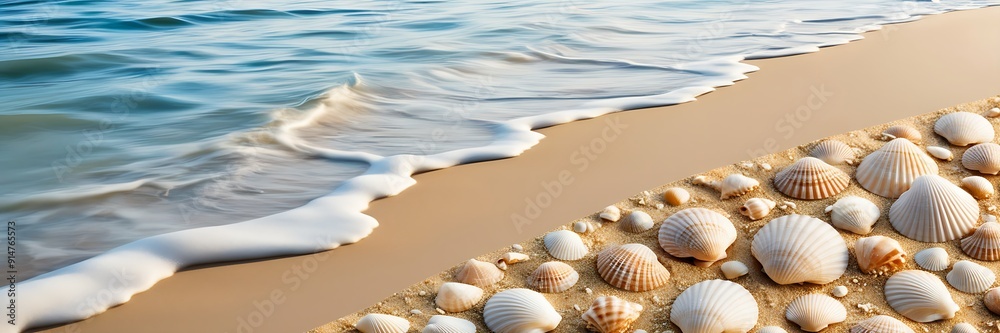 Seashells scattered on sandy beach with gentle wave in background. Perfect for beachthemed designs, travel brochures, or vacation promotions. Seashells scattered on sandy beach with gentle wave in background. Perfect for beachthemed designs, travel brochures, or vacation promotions.