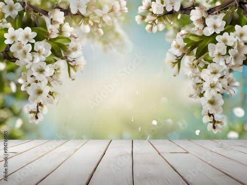 Spring background with white blossoms and white wooden table flooring Generative AI