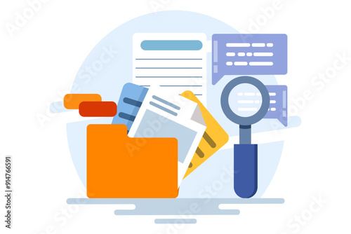 Concept of searching files in files, Magnifying glass with file search, Explore with electronic databases, electronic storage and archives. Flat vector illustration isolated on background.