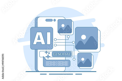 Generative AI model training concept using big data in machine learning. AI content creation with AI-powered assistant for writing articles, artificial intelligence coding. Vector illustration.