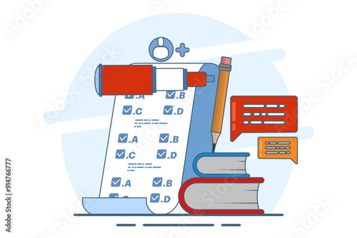 Concept Invite friends to do a questionnaire. online survey. choose answers to questions in digital questionnaires using the application. Flat vector illustration on background.