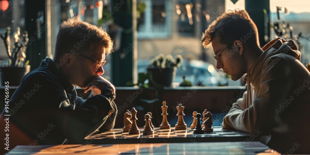 two men playing chess, one of which has the word chess on it. two men playing chess, one of which has the word chess on it.