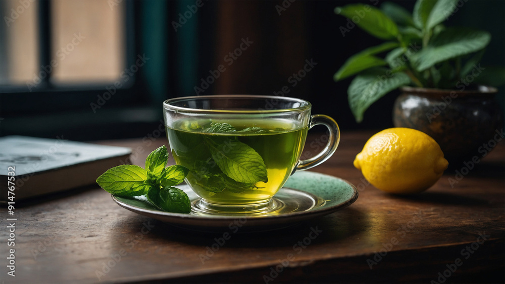 A cup of hot green tea with fresh mint leaves A cup of hot green tea with fresh mint leaves