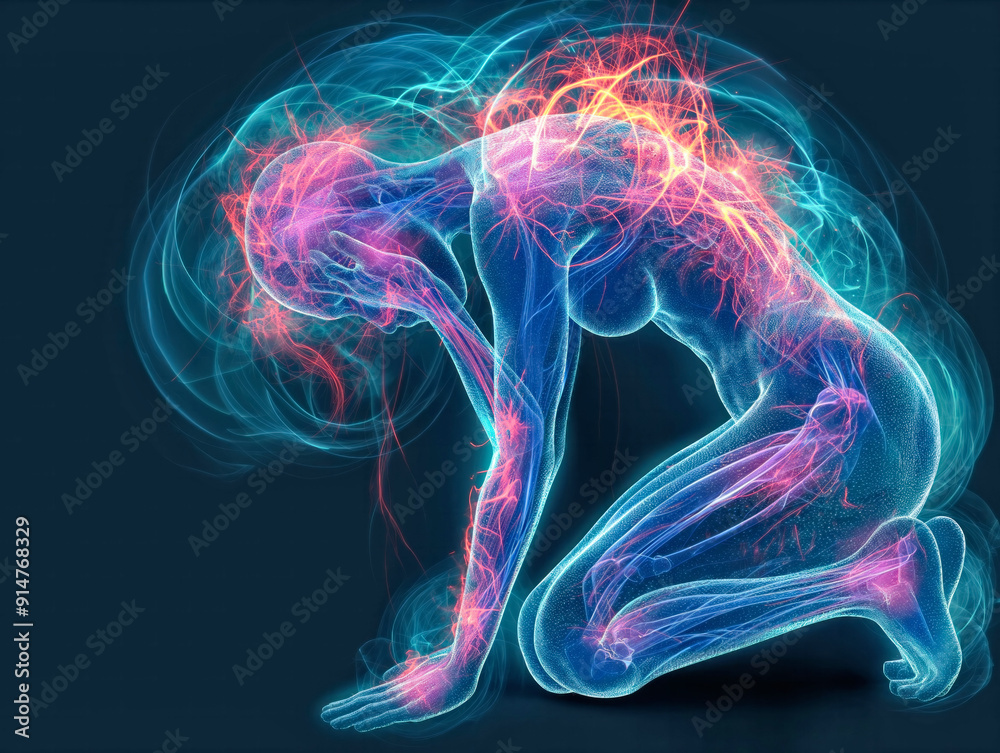 A woman is shown in a blue and purple color with her arms crossed and legs bent. The image is a representation of the human body and its energy