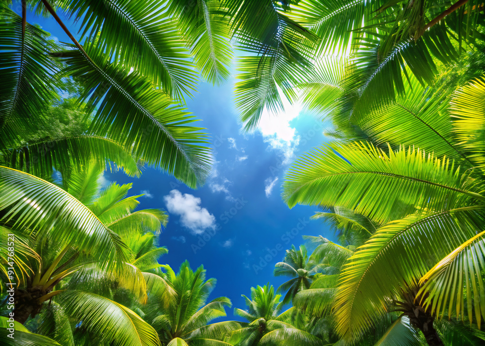 Fototapeta premium treepalm, tree, tropical, sky, nature, coconut, palm tree, green, leaf, beach, summer, leaves, plant, travel, vacation, exotic, island, sun, outdoors, blue, resort, climate, branch, caribbean, palms