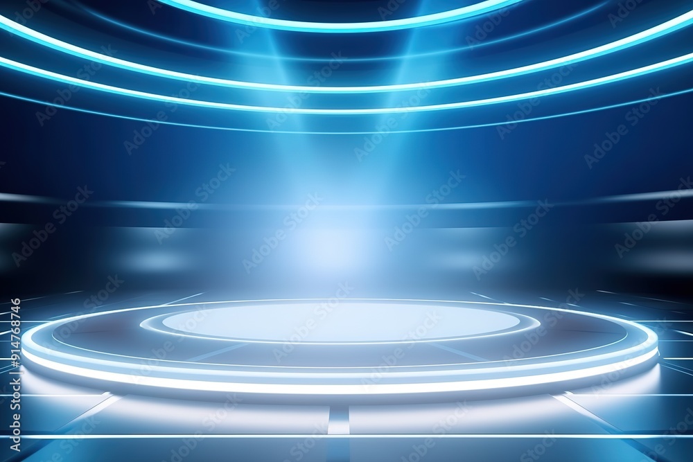 Futuristic blue glowing platform with light beams. Futuristic blue glowing platform with light beams.