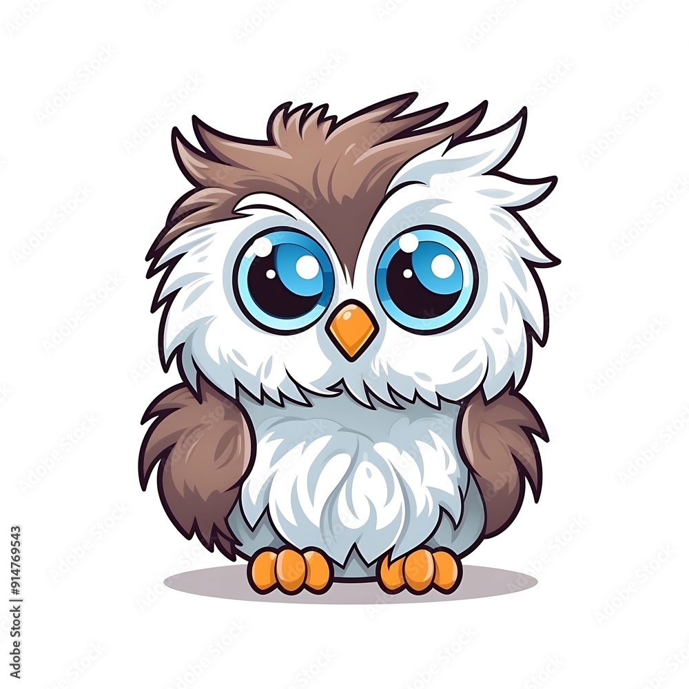 Fototapeta premium A Cute Cartoon Owl With Big Blue Eyes Stands Against a White Background