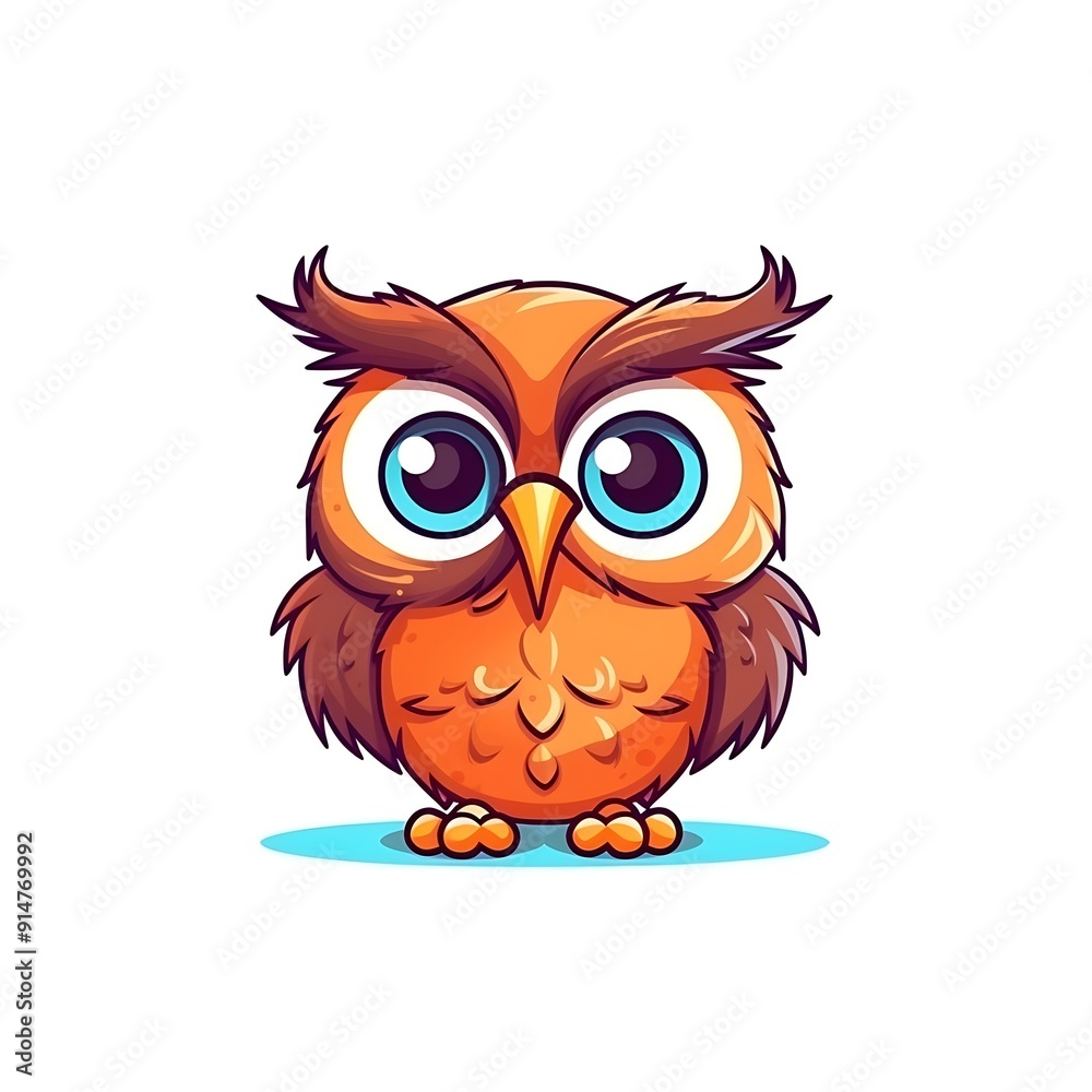Cute Cartoon Owl With Big Blue Eyes on White Background Cute Cartoon Owl With Big Blue Eyes on White Background