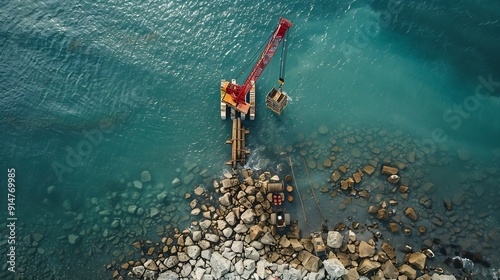 Aerial view of breakwater construction Crane puts tetrapods on breakwater construction : Generative AI photo