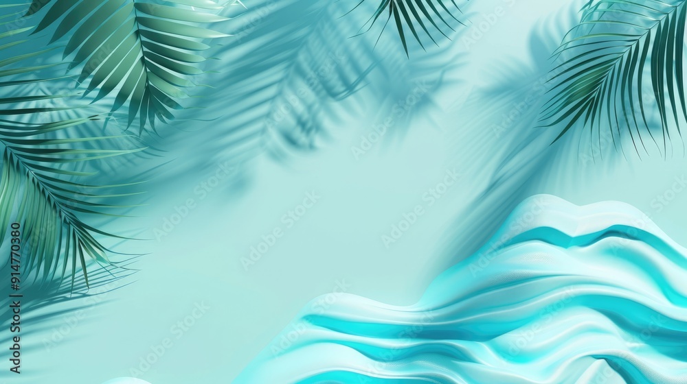 Tropical design with palm shadows and aqua waves on blue. Luxury summer travel. Tropical design with palm shadows and aqua waves on blue. Luxury summer travel.