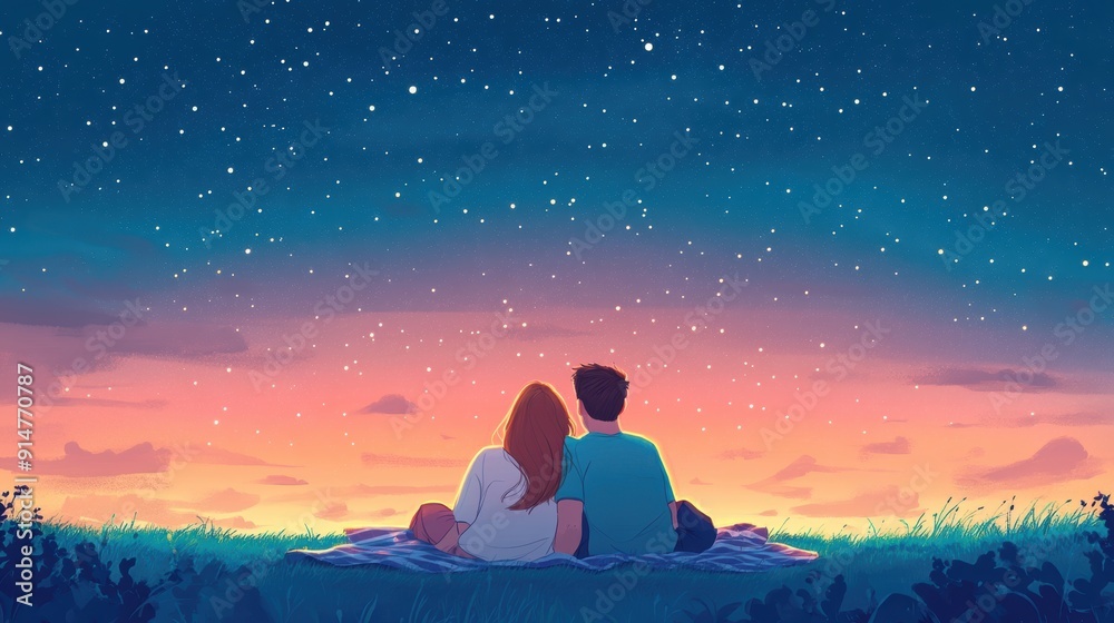 A couple gazes at a starry night sky, sharing a peaceful moment under the colorful horizon, perfect for romantic themes. A couple gazes at a starry night sky, sharing a peaceful moment under the colorful horizon, perfect for romantic themes.
