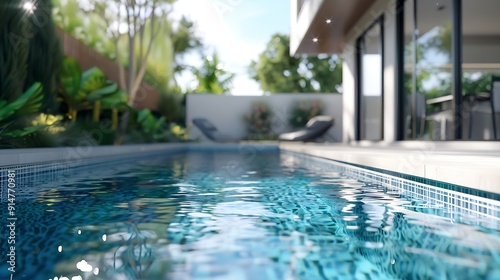 Backyard outdoor swimming pool behind new luxury home : Generative AI