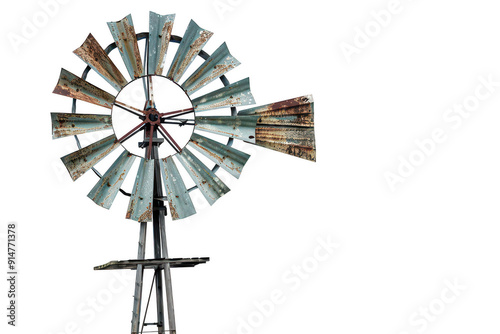 A windmill with rusted metal blades and a rusty metal base