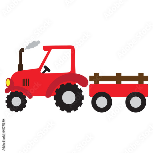 Red farm tractor and wagon vector cartoon illustration