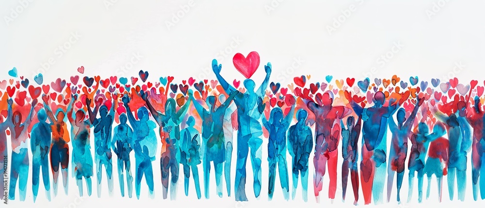 world earth day, world peace background banner with people silhouettes raised arms towards to red hearts, artistic watercolor illustration world earth day, world peace background banner with people silhouettes raised arms towards to red hearts, artistic watercolor illustration