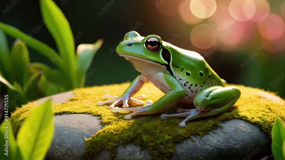 A green frog on a rock with a natural bokeh effect background. Seamless 4K looping timelapse video animation generated AI