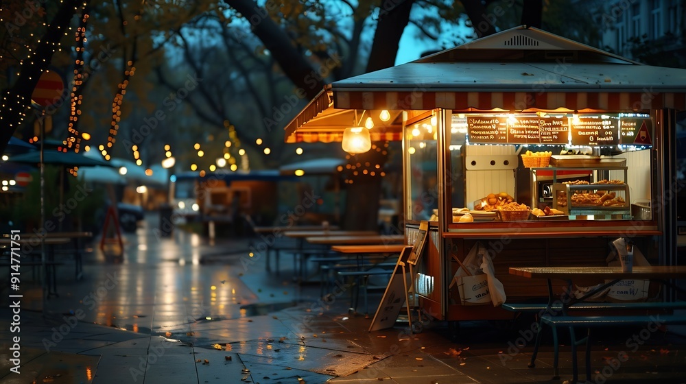 Empty small Street Food Track with an illuminations standing in the deserted night park Near food trailer are folding tables chairs and umbrella : Generative AI Empty small Street Food Track with an illuminations standing in the deserted night park Near food trailer are folding tables chairs and umbrella : Generative AI