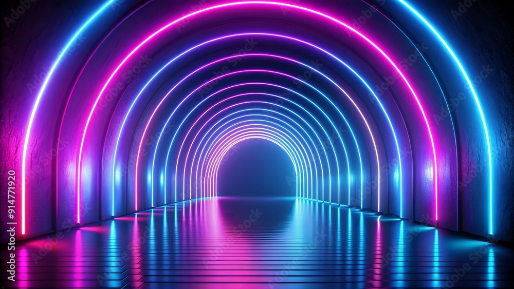 3D rendering features mesmerizing rounded lines in vibrant pink and blue neon, pulsating with an ultraviolet glow against a dark background. The design creates a visually striking backdrop 3D rendering features mesmerizing rounded lines in vibrant pink and blue neon, pulsating with an ultraviolet glow against a dark background. The design creates a visually striking backdrop