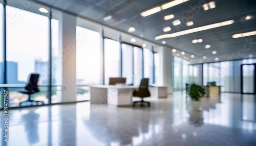 Blurred empty open space office. Abstract light bokeh at office interior background